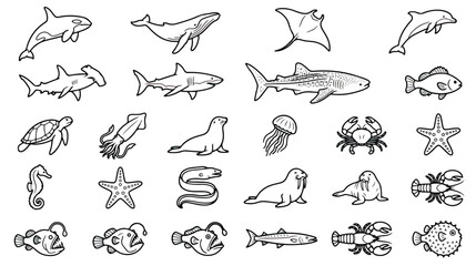 Minimalist sea life line art icons, collection of 24 marine animal vector illustrations, black and white aquatic creature sketches for educational design © Saad