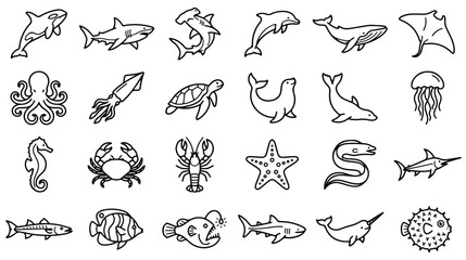 Minimalist sea life icon set, 24 marine animal line art vectors, ocean creature outline illustrations for educational infographics and web design © Saad