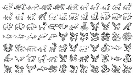 Minimalist animal line icons set, 84 wild and mythical creature vector symbols, black outline wildlife and fantasy beast collection for branding © Saad