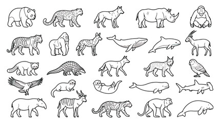 Minimalist wild animal line art icons, set of 24 endangered species vector illustrations, black and white wildlife outline drawings for educational posters © Saad