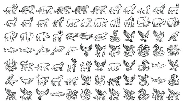 Minimalist animal line icons set, 84 wild and mythical creature vector symbols, black outline wildlife and fantasy beast collection for branding