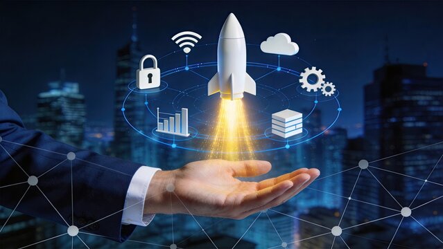 Business startup and innovation concept with rocket launching from hand, surrounded by icons of security, cloud computing, analytics, and gears, representing growth, strategy, and
