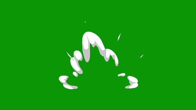 Flash somke explosion, FX with cartoon smoke elements, 2D energy, hand drawn shiny blast effects, animated shape bursts on green screen background.