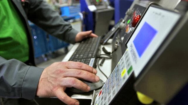 Worker Operating Industrial Control Panel in Factory