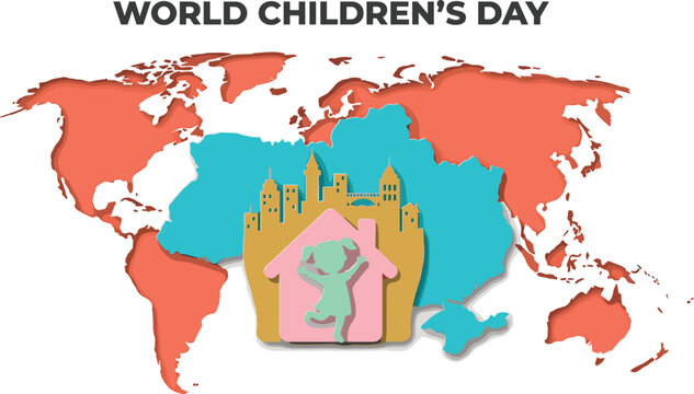 World Childrens Day awareness illustration with colorful world map and castle for non-profit organization Isolated on white background