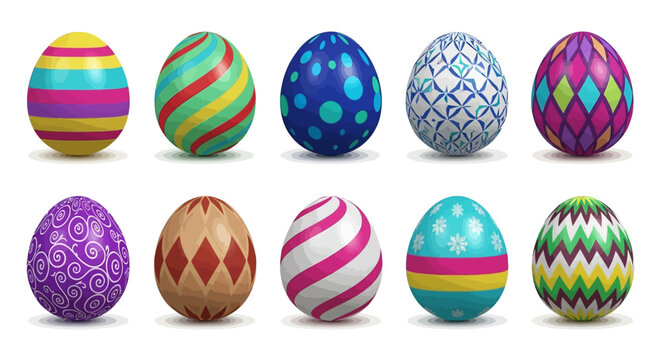 Colorful Easter eggs collection with 10 unique patterns, realistic 3D decorated egg set, vibrant spring holiday vector elements for seasonal greeting cards