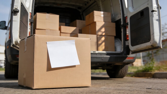 Blank Sticky Note on Shipping Package Near Delivery Truck Loading Area