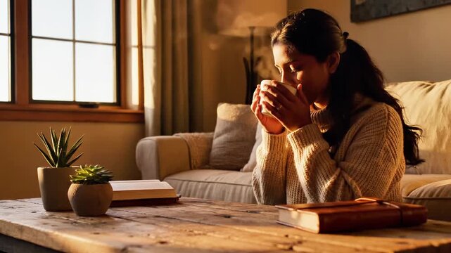 A young woman sits on a couch, sipping a warm beverage from a mug while surrounded by books and plants on a wooden coffee table in a cozy living room during sunset