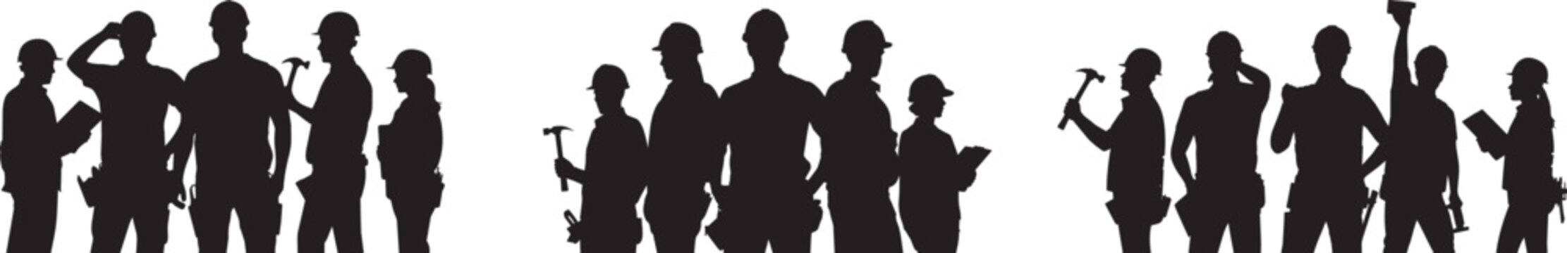 Quality vector art of Diverse Construction Workers Silhouettes Team of Men and Women in Industrial Building Site Collaboration Concept.