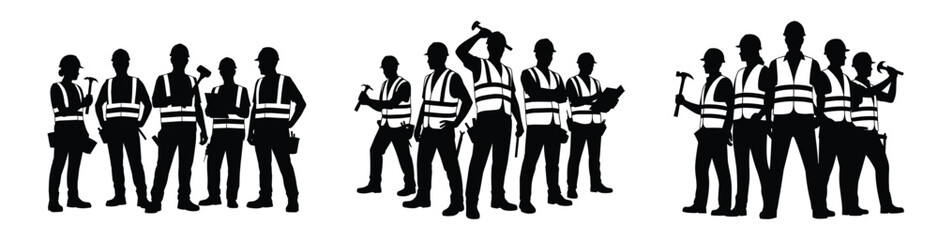 Obraz premium Construction Workers vector Silhouettes Diverse Group of Men and Women Builders Collection.