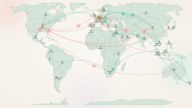 Light colored global flight network world map with airplane route