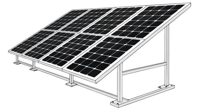 Vector illustration of a solar panel array mounted on a metal frame structure with renewable, electricity