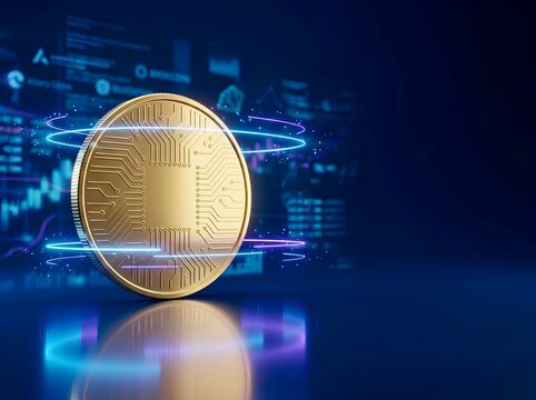 Gold crypto coin with microchip pattern standing on reflective surface against futuristic city background