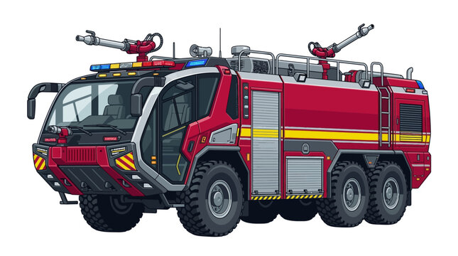 Detailed digital illustration of a red airport fire truck with multiple nozzles and emergency lights, presented against a clean white background with a technical and precise rendering