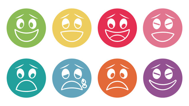 Vector illustration of diverse colorful circular facial expression icons with emotions expressions colorful