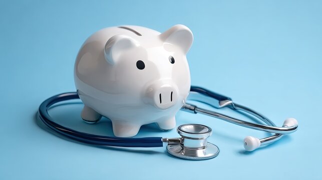 White piggy bank with medical stethoscope, health insurance and medical savings, financial concept of medical expense planning