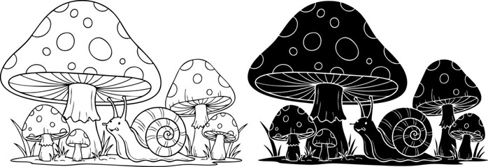 Mushrooms and snails illustration black and white line art with contrasting tones © Jawad