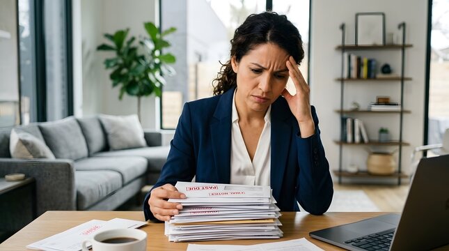 Stressed woman holding a large stack of past due bills and final notices while sitting at her home office desk, looking overwhelmed and worried about financial problems.