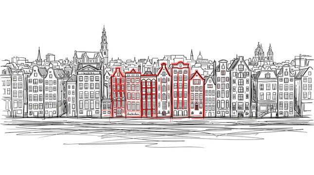 A detailed black and white sketch of a row of historic European canal houses, with a section of buildings highlighted in red.