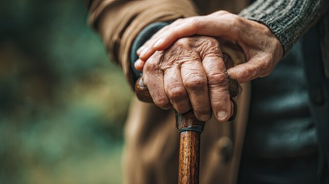 Young hand gently supporting elderly hand holding cane, respect for elders care companionship and elderly care, warm family affection public welfare humanistic close‑up
