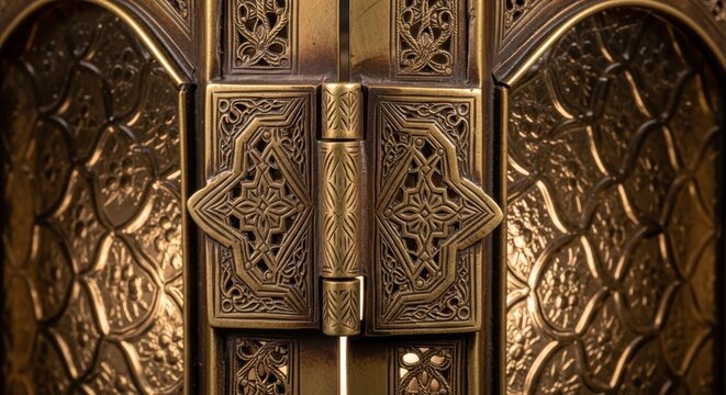 Intricate antique brass door hinge with detailed geometric and floral carvings