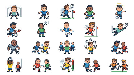 Collection of flat vector chibi soccer player illustrations depicting diverse athletes in various poses including goalkeeping, dribbling, heading the ball, juggling, and match action. © Ilham