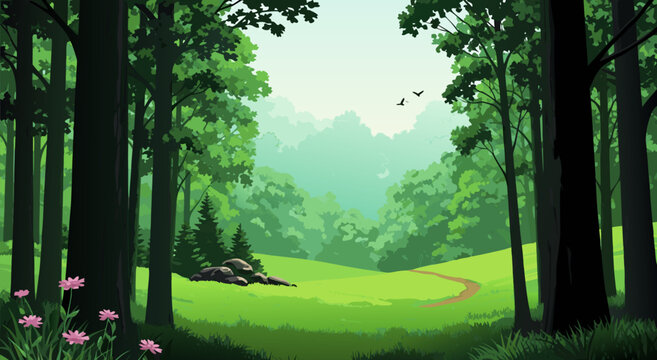 Serene forest landscape vector illustration with a winding path through trees and a grassy clearing under a misty sky, perfect for nature themes