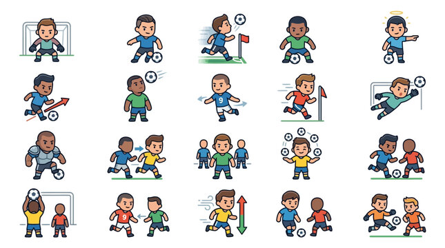 Collection of flat vector chibi soccer player illustrations depicting diverse athletes in various poses including goalkeeping, dribbling, heading the ball, juggling, and match action.