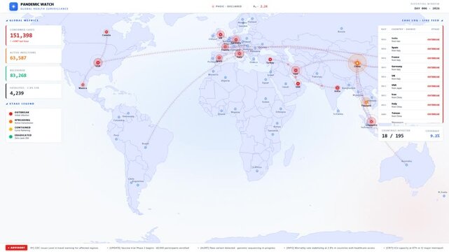 Global health surveillance pandemic watch world map interface