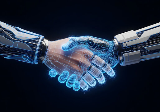 Concepto de inteligencia artificial mostrando el apret&oacute;n de manos entre un humano y un robot simbolizando una alianza empresarial.