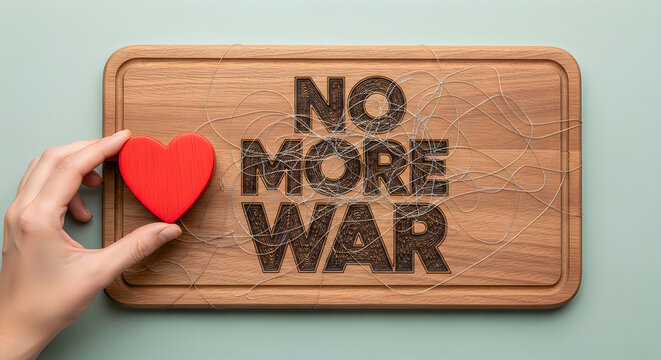 A hand holds a red heart symbol near the engraved words no more war on a wooden board