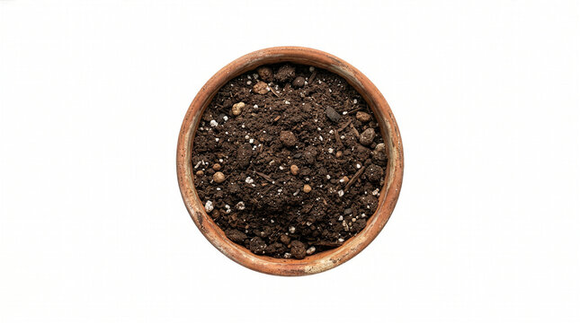 Top view of a terracotta plant pot filled with rich dark potting soil isolated on white.