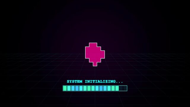 Retro digital system initializing loading bar with pink pixel icon