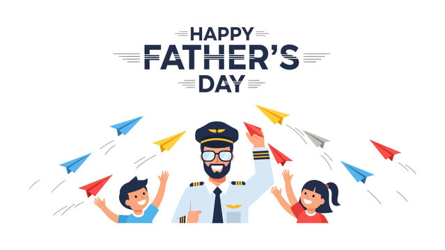 Happy Father's Day Pilot: A pilot dad with his two kids celebrating Father's Day, surrounded by paper airplanes flying in the sky, conveying joy and a sense of adventure.