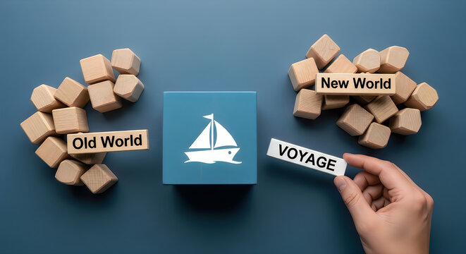 A hand places a block labeled "Voyage" between "Old World" and "New World" blocks with a sailboat symbol.
