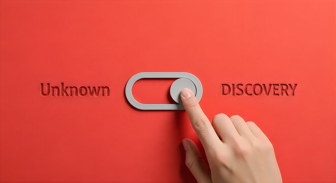 A finger presses a toggle switch from unknown to discovery, symbolizing the transition to new experiences and exploration.