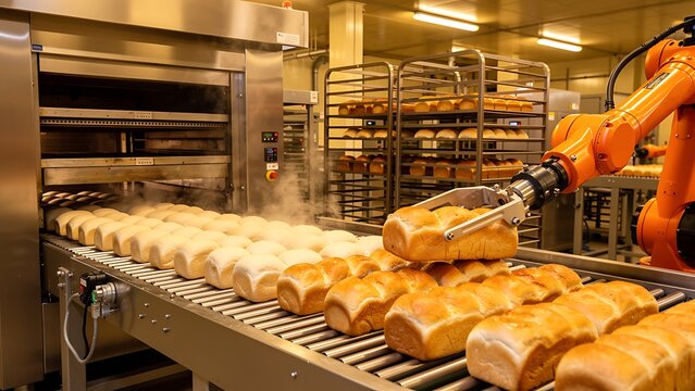 Robotic arm handling fresh bread loaves on bakery conveyor belt. Automated manufacturing process for food production. Industrial technology and smart factory machinery in baking industry.