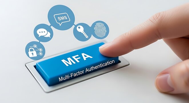 Person pressing MFA multi-factor authentication button on tablet with security icons
