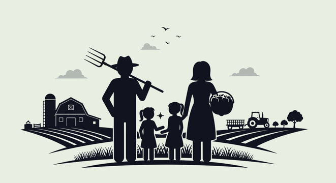 Silhouette of a farming family standing together on a farm.