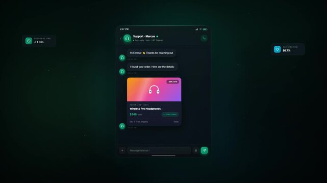 Mobile e-commerce customer support and order tracking chat interface