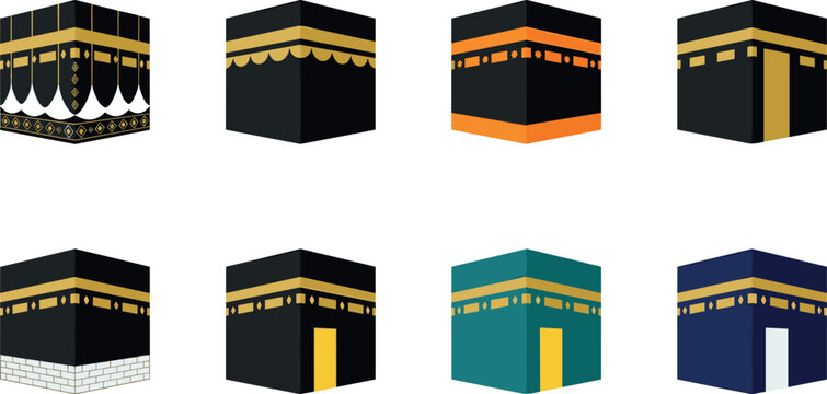 Kaaba Icon Vector Set with Islamic Holy Mosque Designs, Mecca Pilgrimage Symbols, and Religious Architecture Illustration Collection