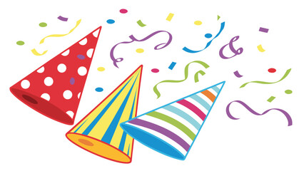 Obraz premium Vector illustration of party hats with colorful confetti and streamers celebration birthday confetti