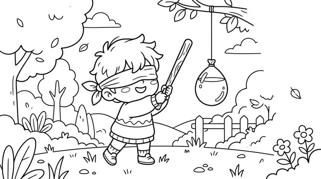 Little boy playing with pinata outdoors.