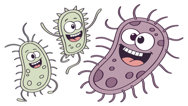 Vector illustration of cute cartoon bacteria and germs characters with bacteria character microscopic