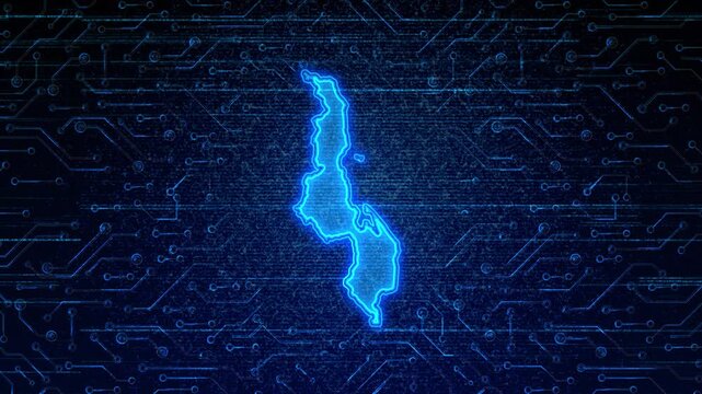 4K Resolution, Malawi Country Digital Electric Futuristic Technology Map, Suitable for Tech events, Science, Politics, Elections, News and Sports Events