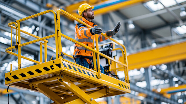 Close-up of an industrial worker on a yellow scissor lift inside a warehouse with overhead cranes visible, elevated industrial work concept, scissor lift photography, warehouse
