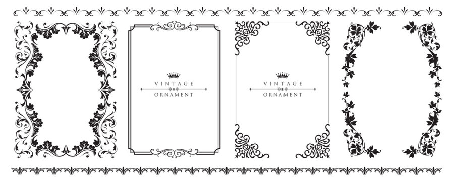 Elegant black vintage ornamental frames isolated on white background, classic baroque floral border collection for invitations, packaging and luxury decoration design.