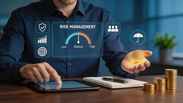 Businessman using a tablet to manage financial risk with a holographic dashboard displaying a gauge meter and cryptocurrency bitcoin coin in hand, representing investment