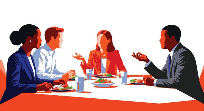 Four diverse business people in formal wear eat and talk at a table, flat illustration