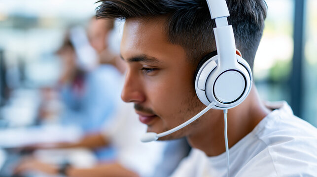 Close-up of a man with a headset at a computer in a call center for customer service communication, online support concept, male call center photography, CRM and telemarketing